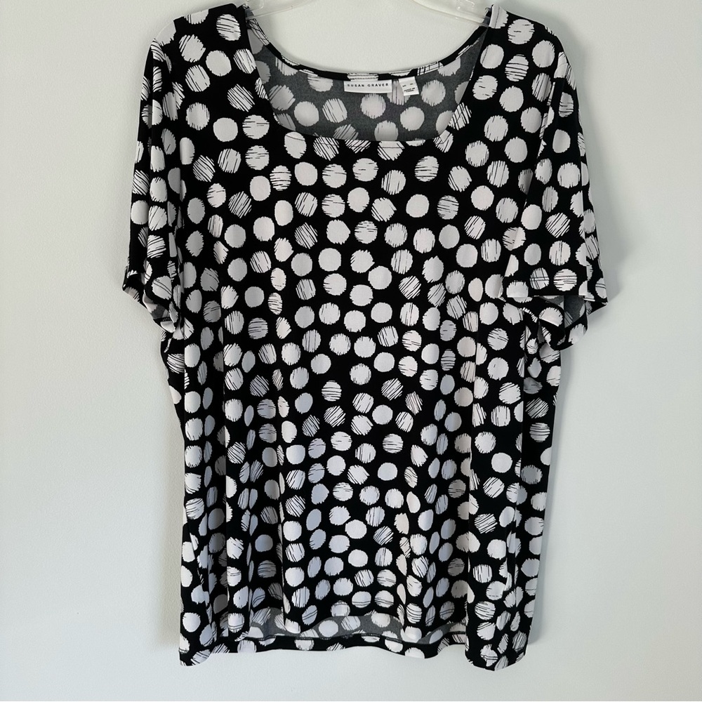 Susan Graver Liquid Knit Black & White All over polka dot print XL